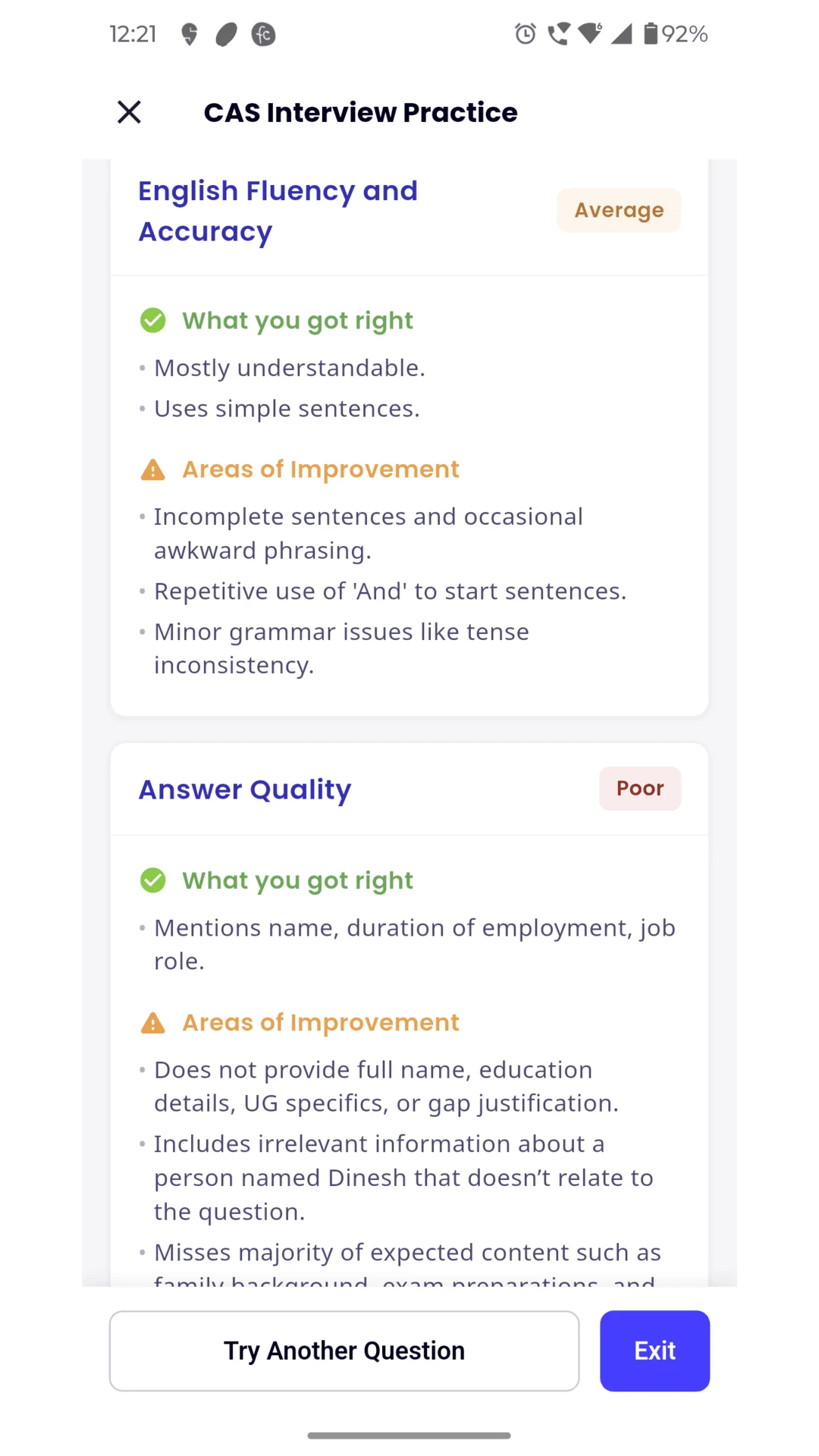 CAS Mock Interview screenshot
